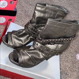Gray studded scrunch ankle boots